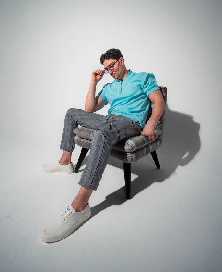 Light Blue Quarter Zip Baseball Collar Polo - EXCLSV