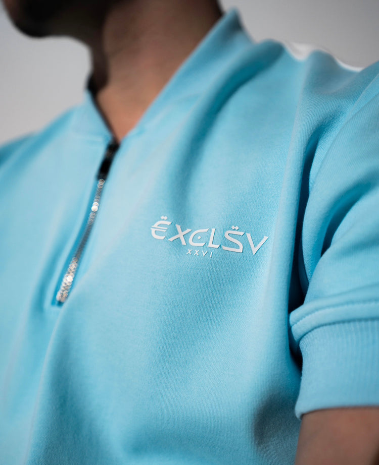 Light Blue Quarter Zip Baseball Collar Polo - EXCLSV