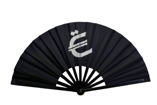 Black fan with a white symbol on a gray background
