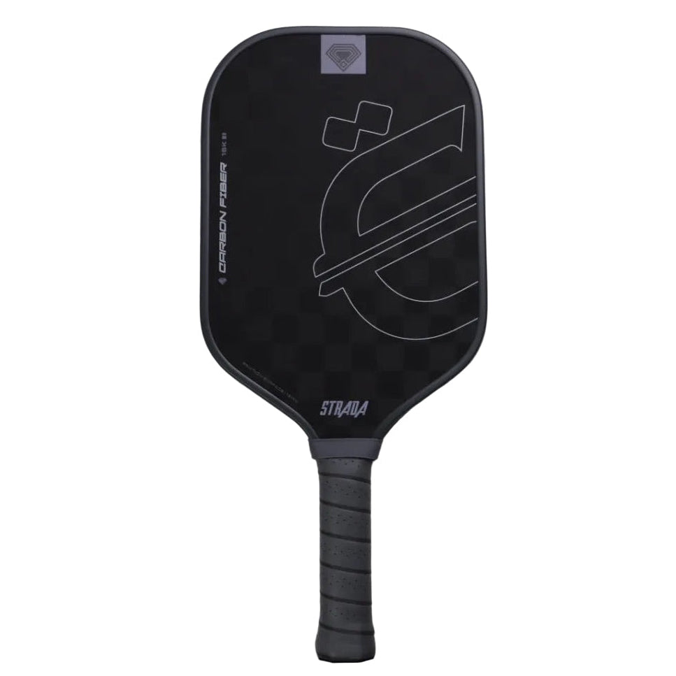 A black pickleball paddle with a textured grip handle, featuring a white stylized logo and 'SRADA' branding on a plain light gray background.
