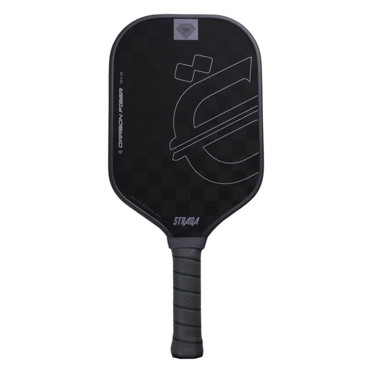 A black pickleball paddle with a textured grip handle, featuring a white stylized logo and 'SRADA' branding on a plain light gray background.