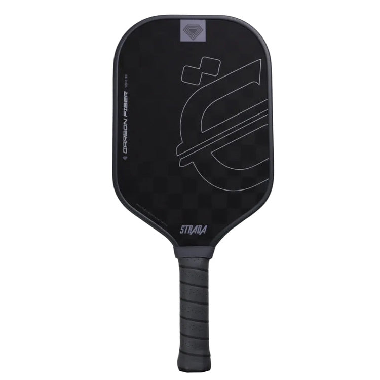 A black pickleball paddle with a textured grip handle, featuring a white stylized logo and 'SRADA' branding on a plain light gray background.